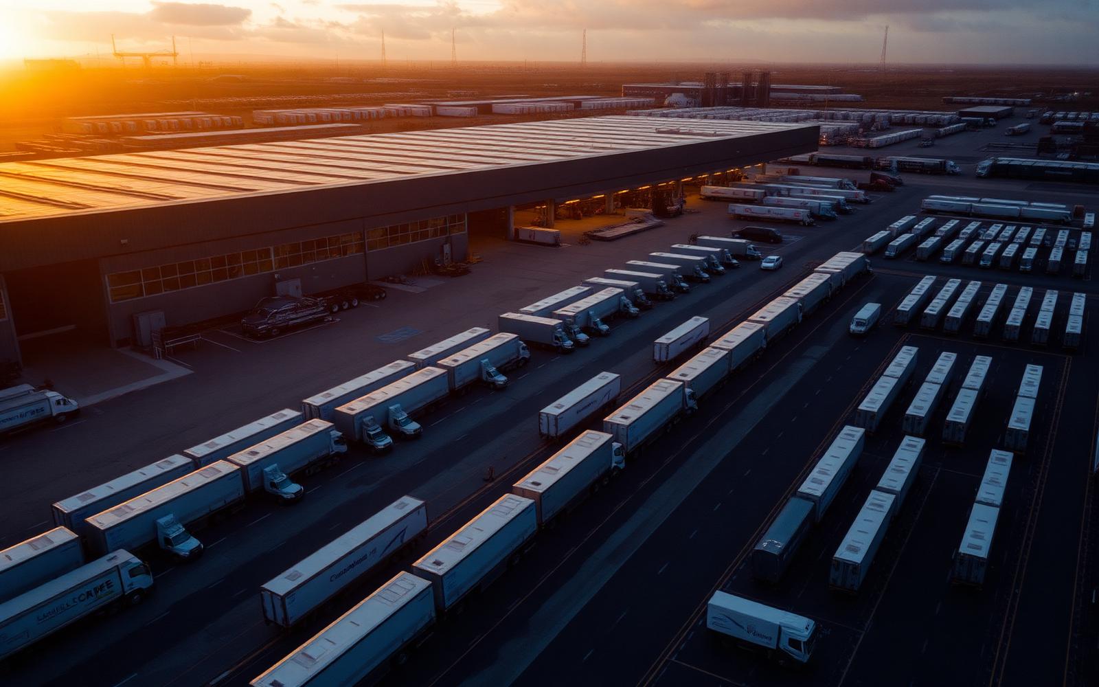Aerial view of a freight distribution yard at sunset